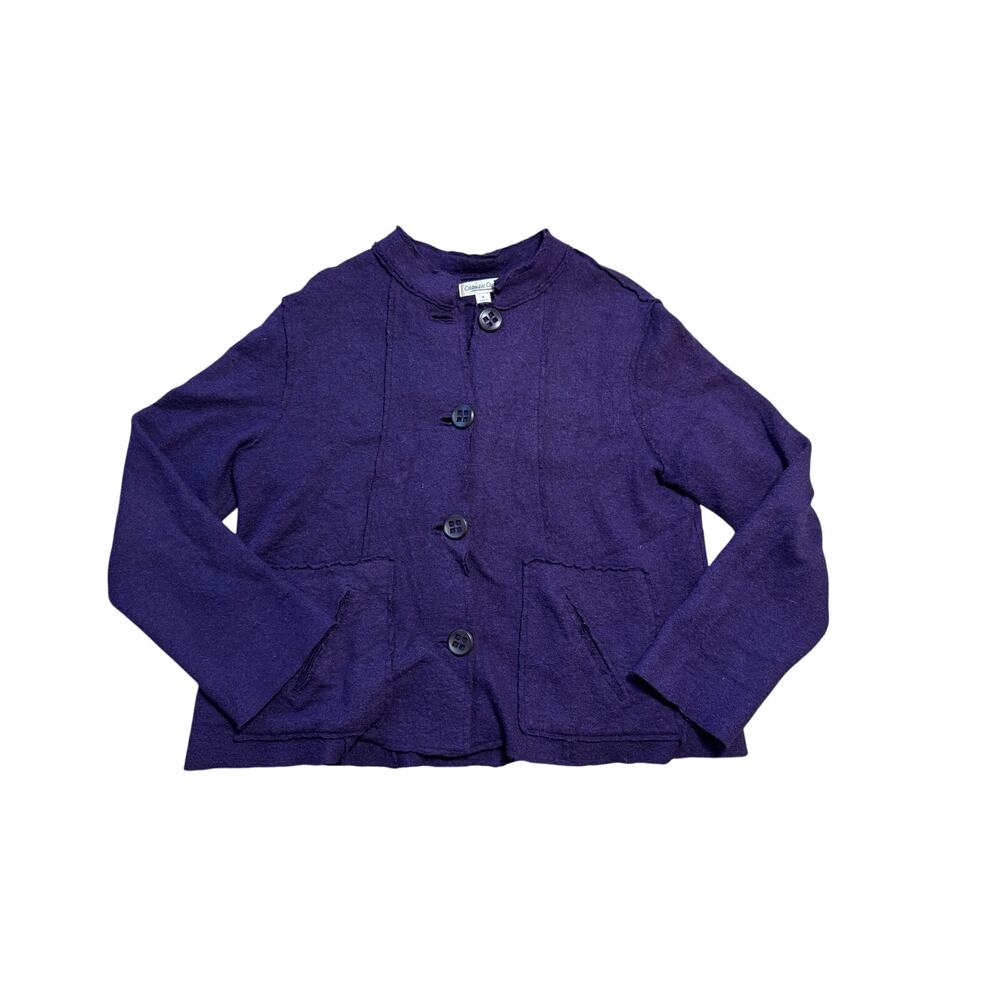 Coldwater Creek Womens Purple Boiled Wool Knit Jacket Cardigan Raw Edge M